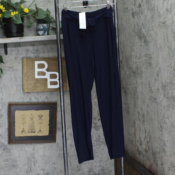 NWT Ny Collection Womens Petite Cropped Pull On Pants with Sash Navy Blue PM - Picture 2 of 7